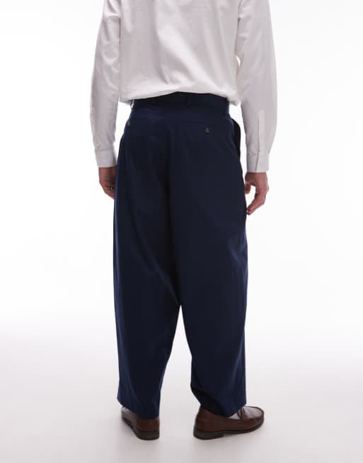Topman wide leg linen blend trousers in navy, 4 of 5