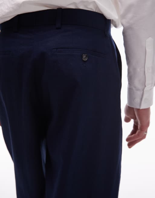 Topman wide leg linen blend trousers in navy, 5 of 5