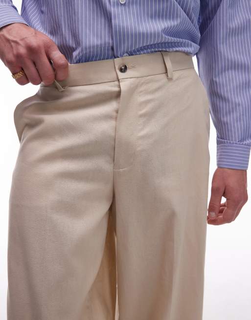 Topman wide leg linen blend trousers in stone