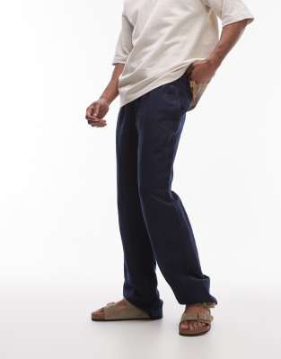 Shop Topman Wide Leg Linen Pants In Navy