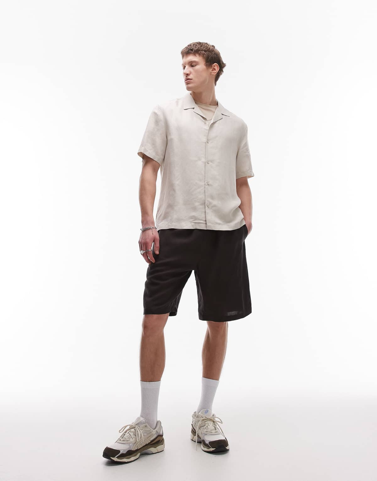 Topman wide leg linen short in black