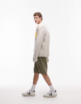 wide leg linen short in khaki-Green