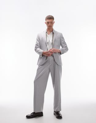 Topman Wide Leg Linen Suit Pants In Gray