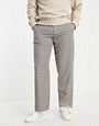 Topman wide leg mini pupstooth checked trousers in stone-Neutral