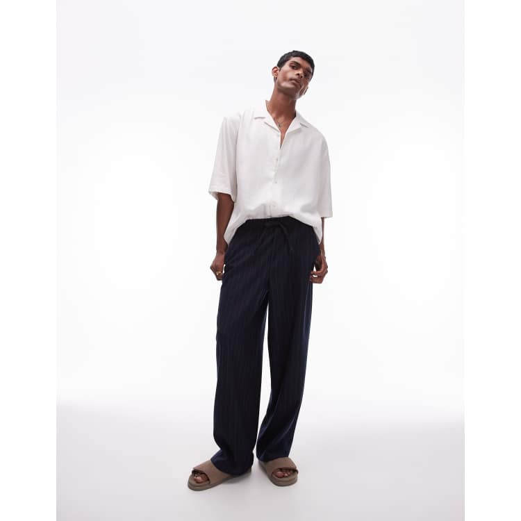 Topman wide leg pin stripe pants in navy | ASOS