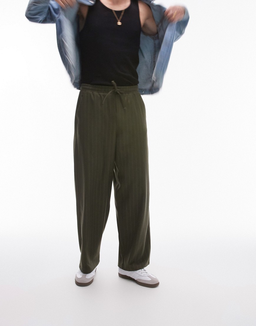 Topman wide leg pin stripe trouser in Khaki-Green
