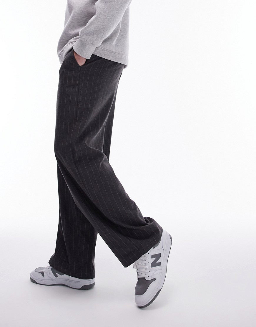 Topman Wide Leg Pinstripe Pants In Charcoal-gray