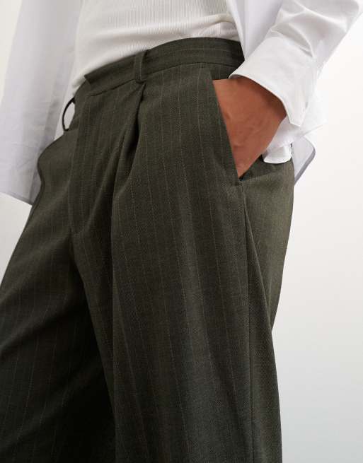 Topman wide leg pinstripe pants in dark green, 3 of 5