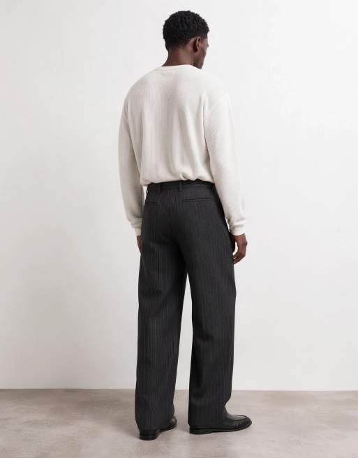 Topman wide leg pinstripe pants with pleats in charcoal, 8 of 10