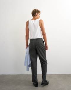 Model wearing Wide leg pinstripe trouser with pleats in charcoal
