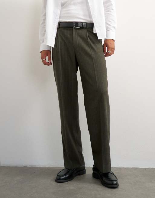 Topman wide leg pinstripe trousers in dark green, 2 of 5