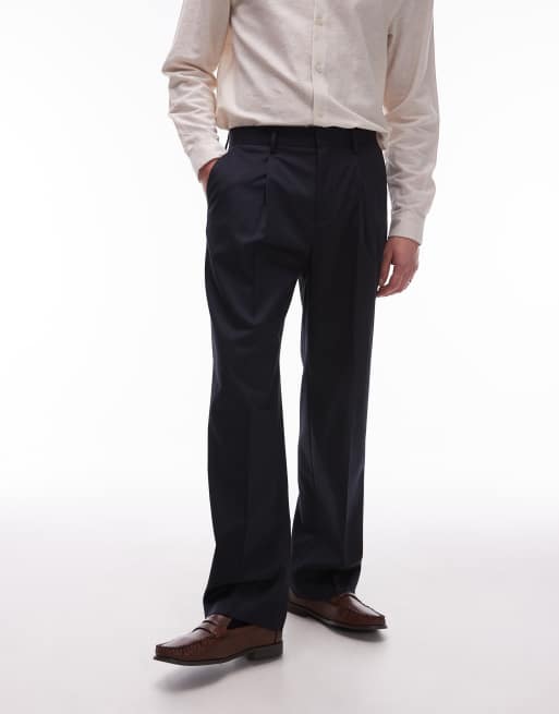 Topman wide leg pleated dress pants in navy | ASOS