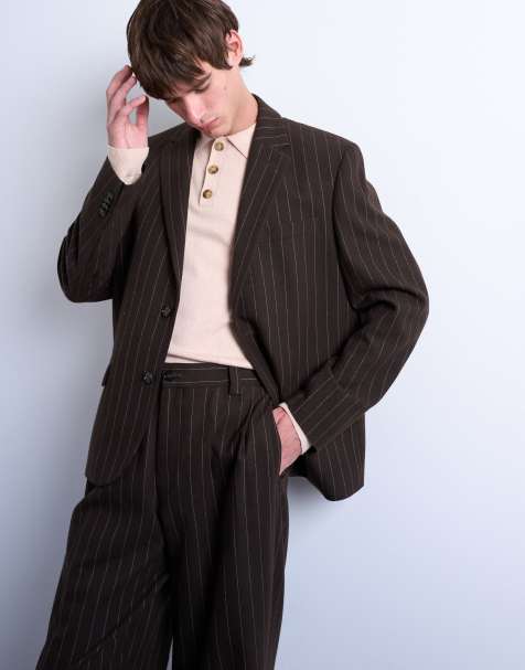 Topman wide leg pleated pants in brown stripe - view 1