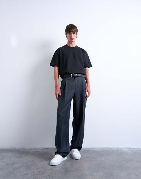 Topman wide leg pleated stripe trouser in grey - view 1