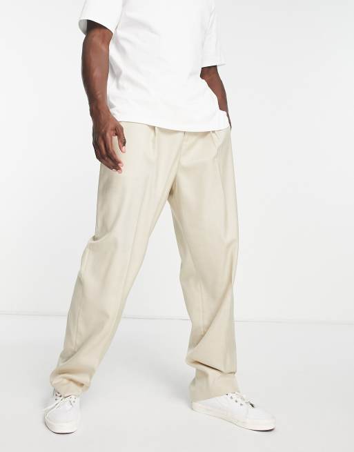 Topman wide leg pleated suit trousers in stone