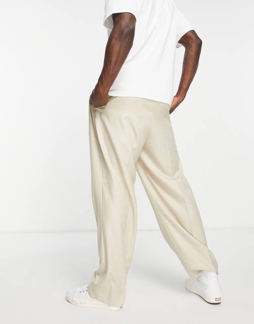 Topman wide leg pleated suit trousers in stone