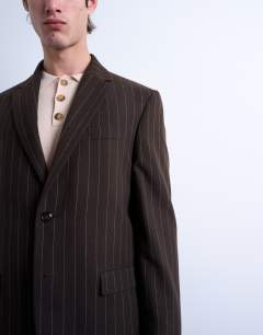 Model wearing Wide leg pleated trouser in brown stripe
