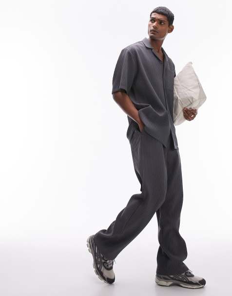 Topman wide leg plisse pants in gray - part of a set - view 1