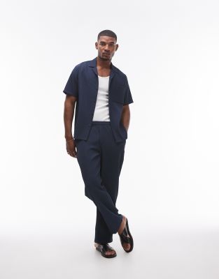 Topman Wide Leg Plisse Pants In Navy - Part Of A Set