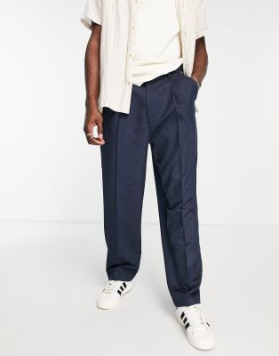 Topman Wide Leg Pronounced Twill Pants In Navy