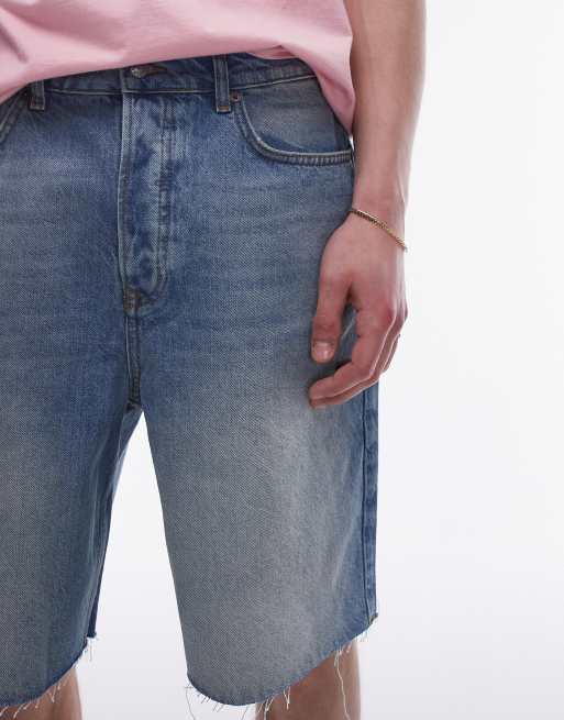 	Topman wide leg raw hem denim shorts in light blue wash, 5 of 5