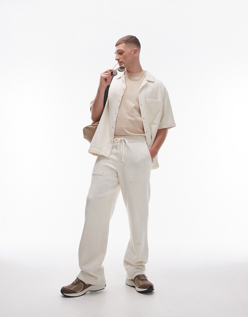 Topman wide leg stacked texture trousers in ecru-White