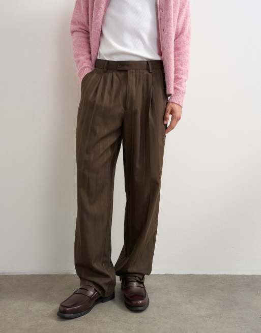 Topman wide leg stripe pant with pleats in chocolate brown, 2 of 5