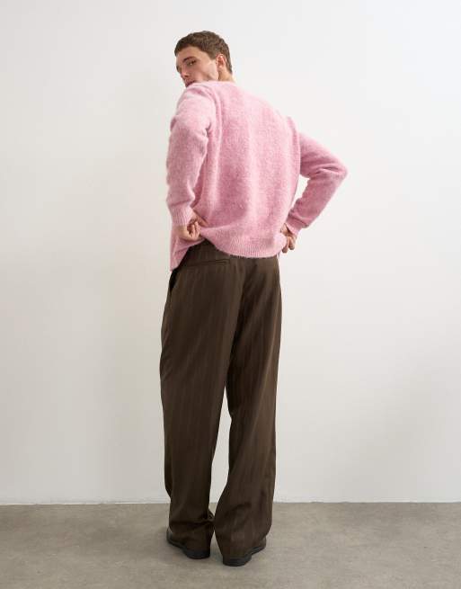Topman wide leg stripe pant with pleats in chocolate brown, 3 of 5