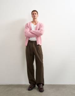 Model wearing Wide leg stripe trouser with pleats in chocolate brown