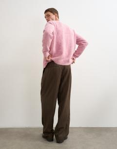 Model wearing Wide leg stripe trouser with pleats in chocolate brown