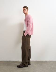 Model wearing Wide leg stripe trouser with pleats in chocolate brown