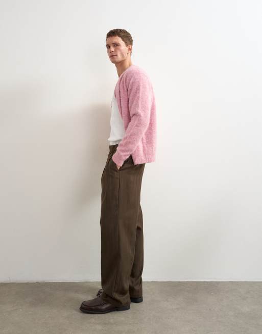 Topman wide leg stripe trouser with pleats in chocolate brown, 4 of 5