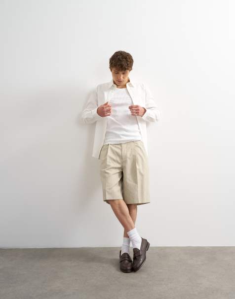 Topman wide leg striped shorts in stone - view 1