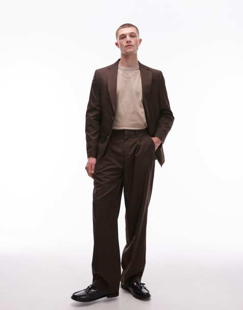Topman wide leg suit pants in brown - view 1