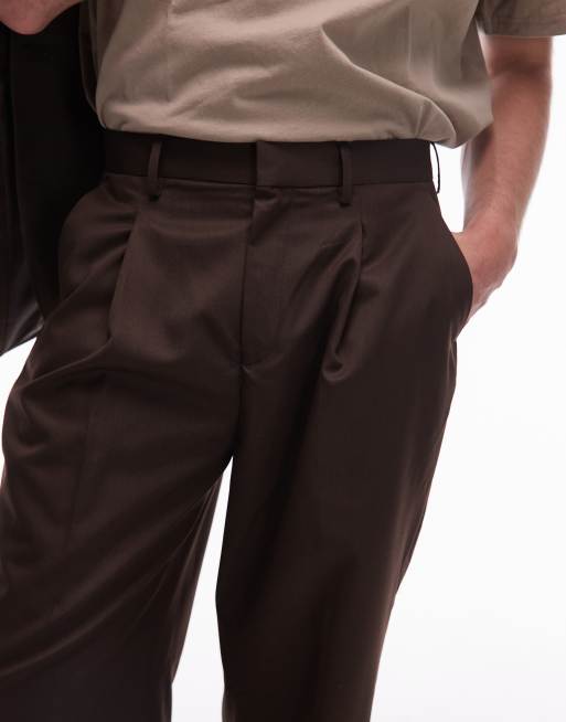Topman wide leg suit pants in brown