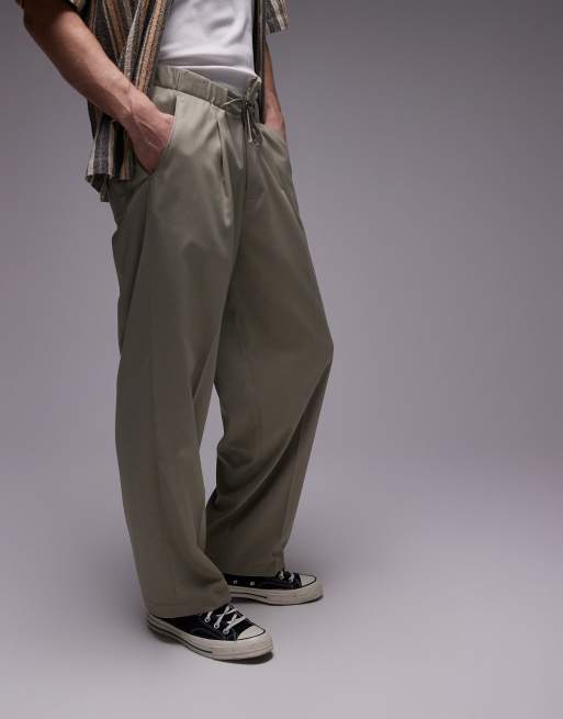 Topman wide leg sweatpants with elastic tie waist in khaki