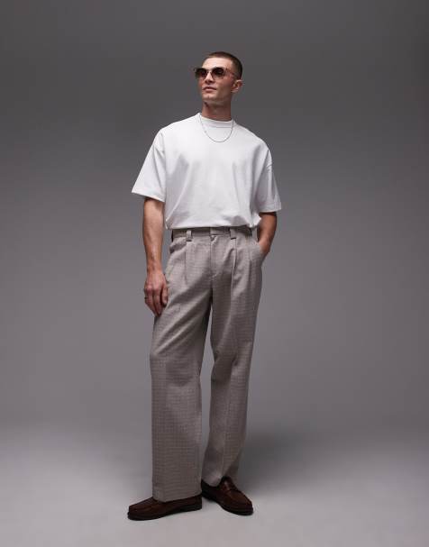 Topman wide leg texture suit trousers in stone - view 1