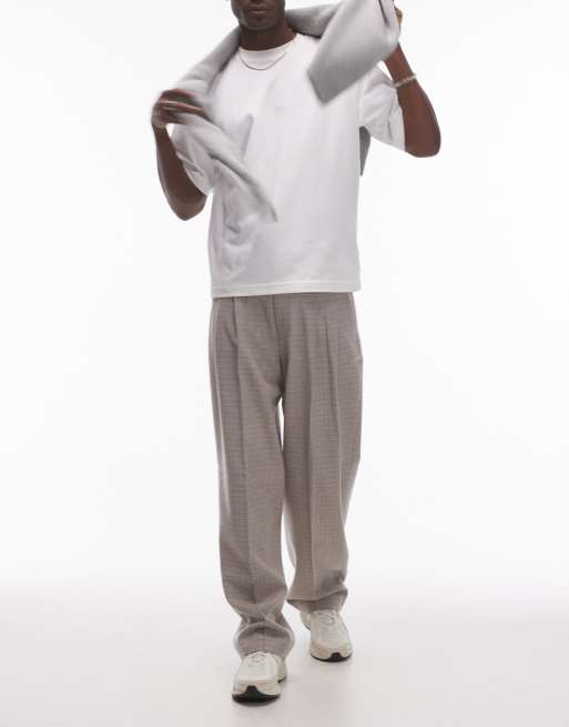 Topman wide leg texture suit trousers in stone