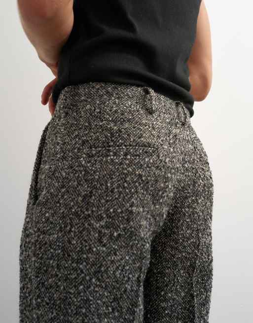 Topman wide leg textured herringbone pants in black, 4 of 5
