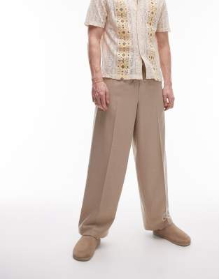 Topman wide leg textured trouser in stone-Neutral