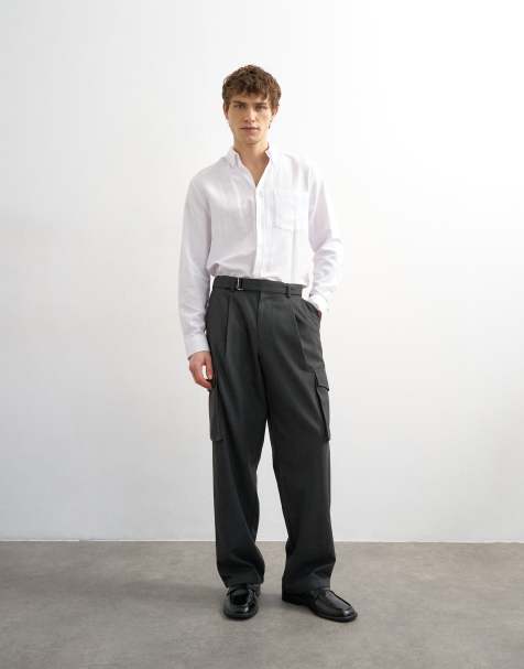 Topman wide leg belted smart trouser with side pockets in charcoal