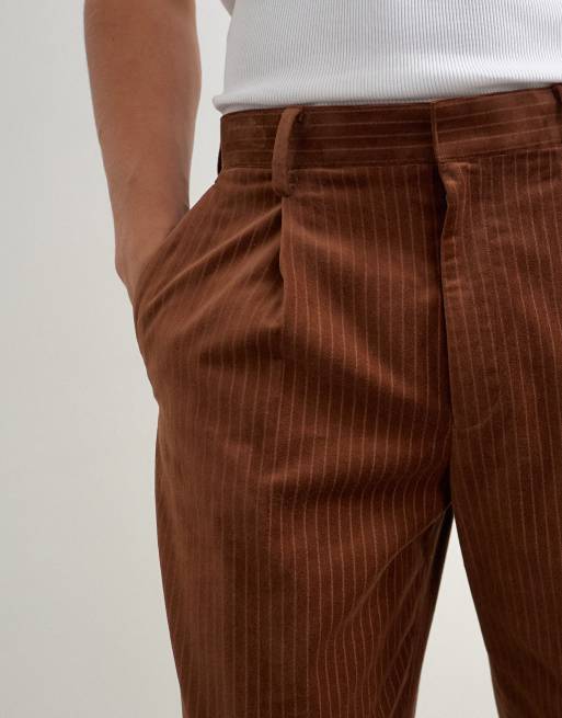Topman wide leg velour stripe pants with pleats in tan, 5 of 5