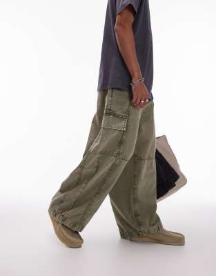 Topman Wide Leg Washed Cargo Pants In Khaki-green