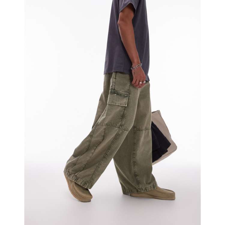 Topman wide leg washed cargo pants in khaki | ASOS