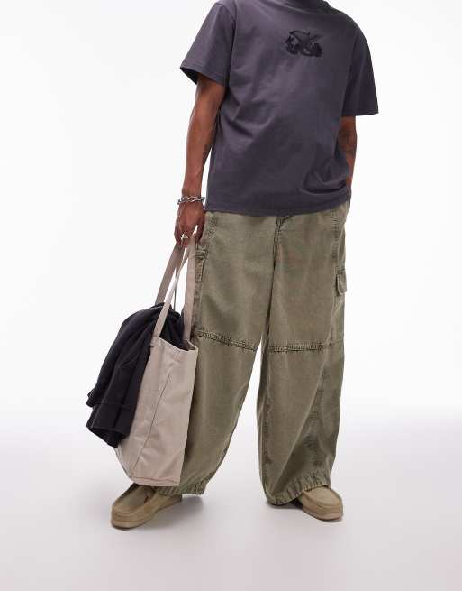 Topman wide leg washed cargo pants in khaki | ASOS