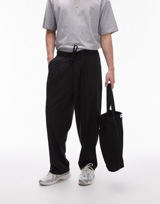 wide leg with elastic tie waist sweatpants in black