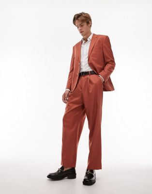 Topman wide leg with pleat suit trouser in burnt orange