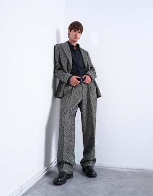 Wide leg wool blend herringbone trousers in black