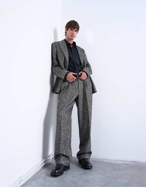 Topman wide leg wool blend herringbone trousers in black - view 1