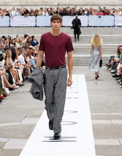 Wide leg wool blend herringbone trousers in black